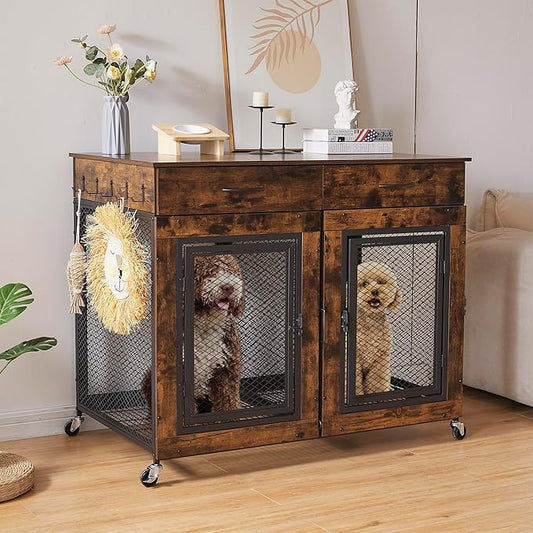 43" Large Dog Crate Furniture, Wood Dog Kennel End Table with Drawers, Decorative Pet Crate with Removable Partitions & Wheels, Dog House Indoor for Large/Medium/Small Dogs-PurrikoPets