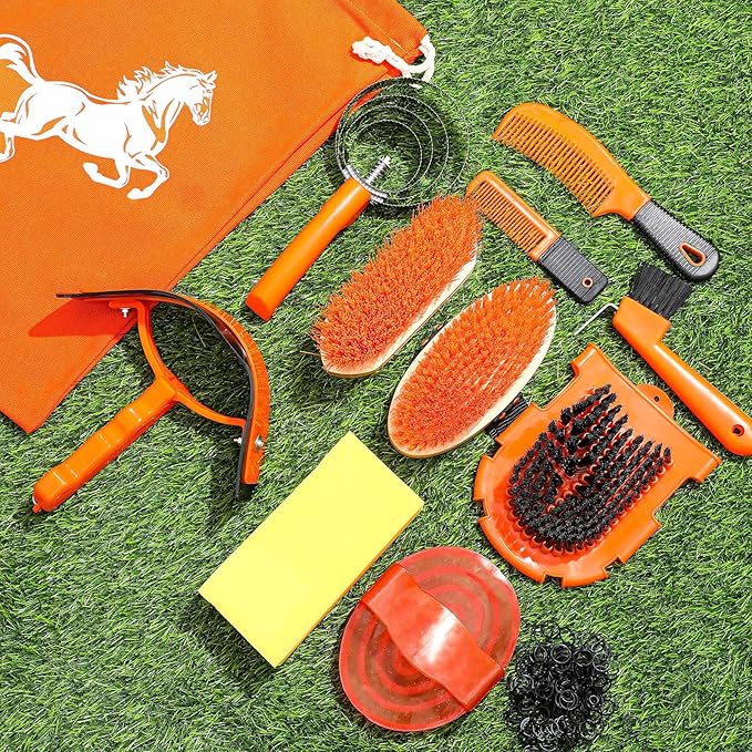 Abbylike 12 Pieces Horse Grooming Kit Racing Festival Tack Room Supplies Horse Brush Sets Equine Care Cleaning Kit Shedding Grooming Massaging Tools(Orange)-PurrikoPets