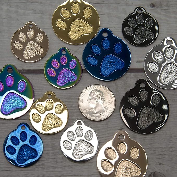 Engraved Pet Tag for Dogs and Cats - Personalized Front & Back up to 4 Lines of Text Custom Engraved ID, Round Paw Print Solid Plating Stainless Steel Rose Gold Small-PurrikoPets