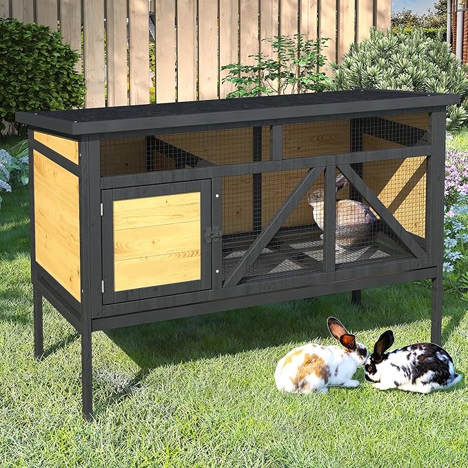 46.7" Rabbit Cage Elevated Bunny Cage Indoor, Outdoor Rabbit Hutch Hamster Cages for Small Animals, Wooden Guinea Pig Cages with Removable Tray & Waterproof Asphalt Roof & Bottom Wire Mesh-PurrikoPets