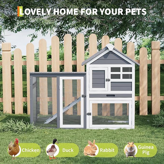 2-Tier Rabbit & Chicken House,Wooden Chicken Coop & Bunny Cage with Non-Slip Ramp, 4 Doors,Waterproof Roof & Pull-Out Tray,Outdoor/Indoor Pet Cage-PurrikoPets