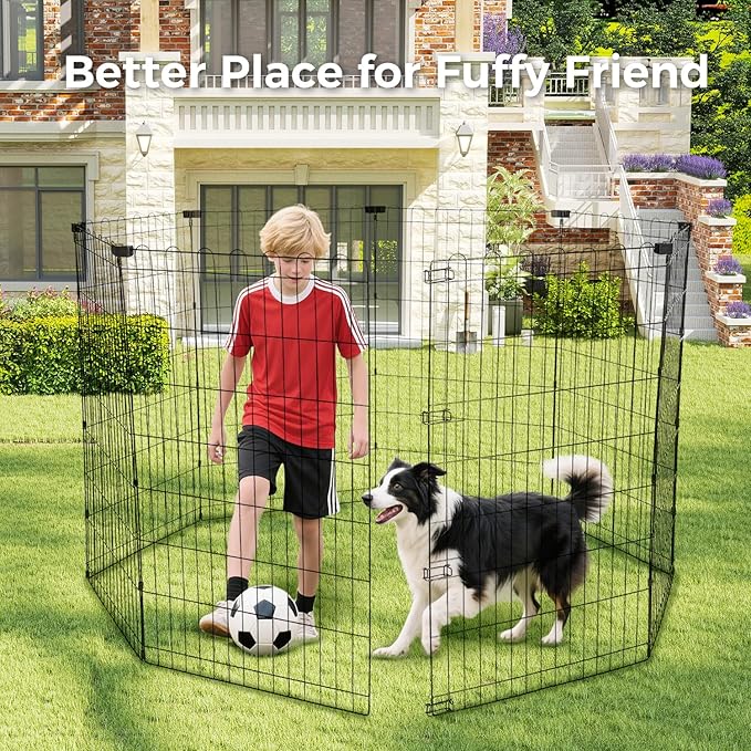 Foldable Dog Playpen 42" Height 8 Panels Metal Exercise Pen No Door - Indoor/Outdoor Dog Play Pen for Medium-Large Dogs, Portable Pet Fence for Yard Garden Camping, Black-PurrikoPets