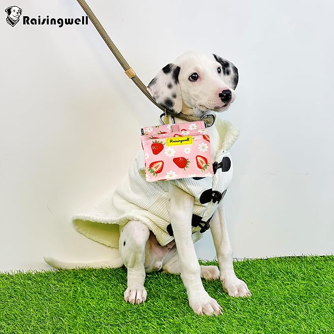 Dog Treat Pouch,Cotton Pocket Sized Training Holder, Hand Free Walking Funny Bag with Carabiner, Self-Closing Pet Feed Snack Reward, Behavior Aids for Puppy Travel or Outdoor Use（Strawberry）-PurrikoPets
