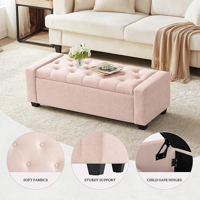 48" Ottoman with Storage, Pink Storage Ottoman Bench with Safety Hinge, Upholstered Entryway Bench with Seating for Bedroom, Living Room, Holds up to 330 lb-PurrikoPets