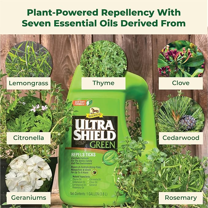 Absorbine UltraShield Green All-Natural Fly & Insect Repellent for Horses & Dogs, Essential Oils Repel & Control, 128oz Bottle, No Sprayer-PurrikoPets