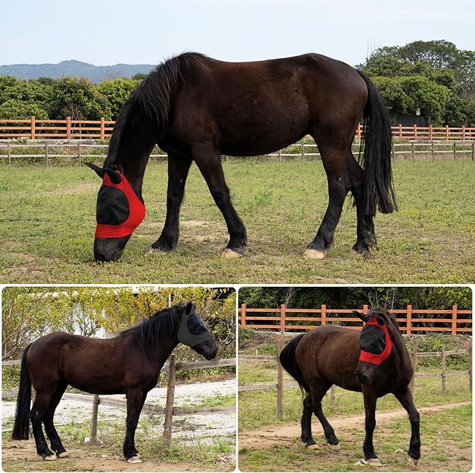 2 Piece Horse Fly Mask with Ears, Comfortable Fit Stretch Fabric Big Eye Space Soft Breathable with UV Protection for Full Horses (Red-Black)-PurrikoPets