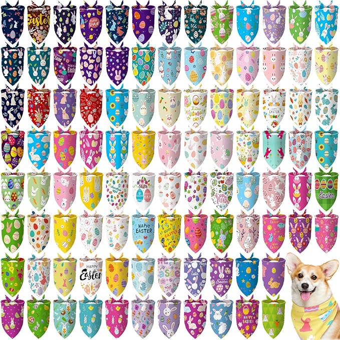 100 Pcs Dog Bandanas Bulk Pet Bibs Colorful Triangle Scarf Pet Bandanas for Medium Large Dogs Spring Summer Birthday Costume Decoration (Easter)-PurrikoPets