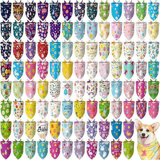 100 Pcs Dog Bandanas Bulk Pet Bibs Colorful Triangle Scarf Pet Bandanas for Medium Large Dogs Spring Summer Birthday Costume Decoration (Easter)-PurrikoPets