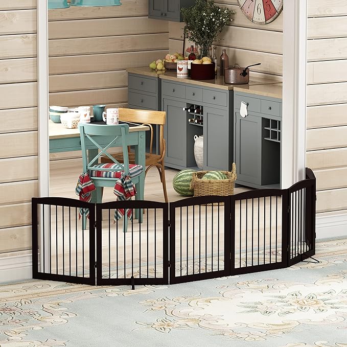 Freestanding Pet Gate for Dogs, Foldable Wooden Dog Gate for House, Extra Wide Indoor Pet Barrier for Stair, Doorway, Hall, Support Feet Included, 120 Inch Wide, 6 Panels 24", Brown-PurrikoPets