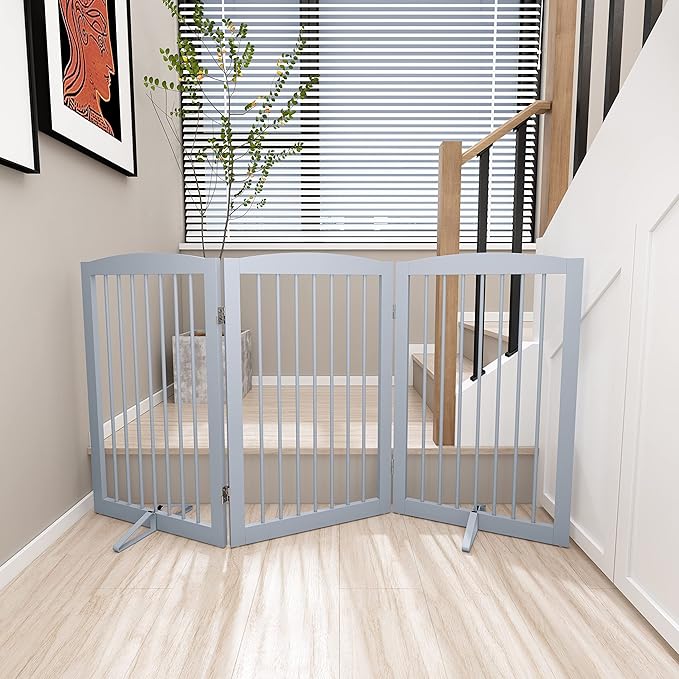 Freestanding Pet Gate for Dogs, Foldable Wooden Dog Gate for House Indoor, Tall Pet Fence for Stair, Doorway,Hall, Support Feet Included, 3 Panels 32",Grey-PurrikoPets