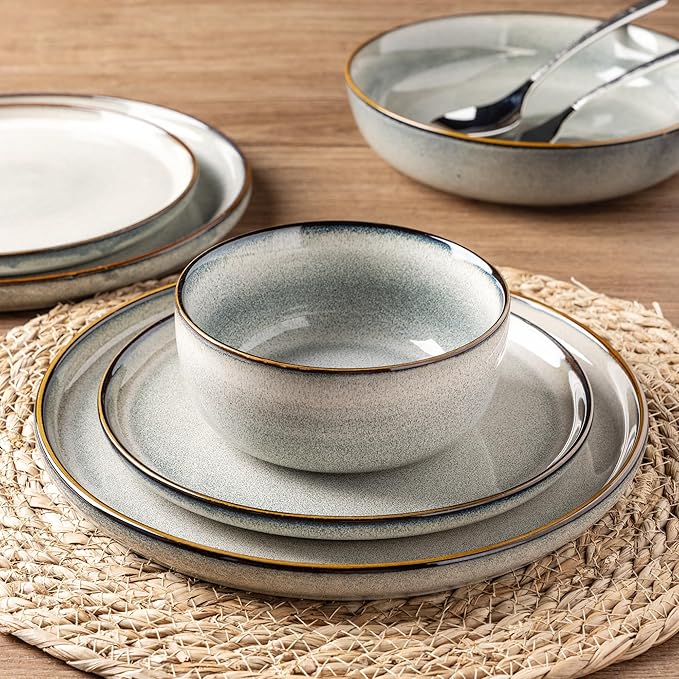 GBHOME Ceramic Dinnerware Sets for 6, 18 Pieces Stoneware Plates and Bowls Sets, Reactive Glaze Dishes -Scratch Resistant, Dishwasher&Microwave Safe, Green Wheat-PurrikoPets