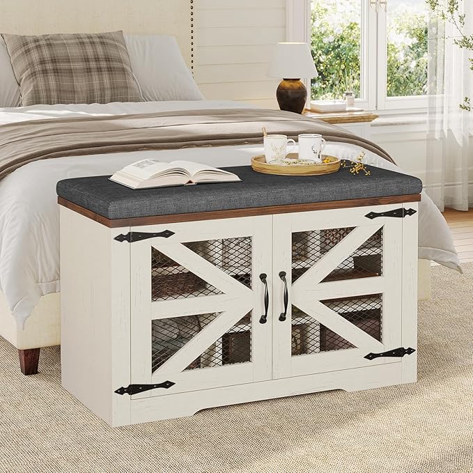 Farmhouse Storage Bench with Cushion, Metal and Wood Shoe Rack Organizer, Adjustable Shelf, Shoe Cabinet with Half Hidden Storage Space, for Entryway, Bedroom, Living Room (Old White, 31.4in)-PurrikoPets