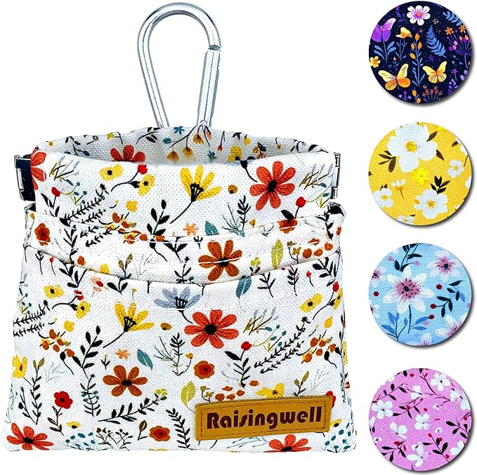 Dog Treat Pouch, Small Cotton Pocket Sized Training Holder, Hand Free Walking Funny Bag with Carabiner, Self-Closing Pet Feed Snack Reward, Behavior Aids for Puppy Travel or Outdoor Use-PurrikoPets