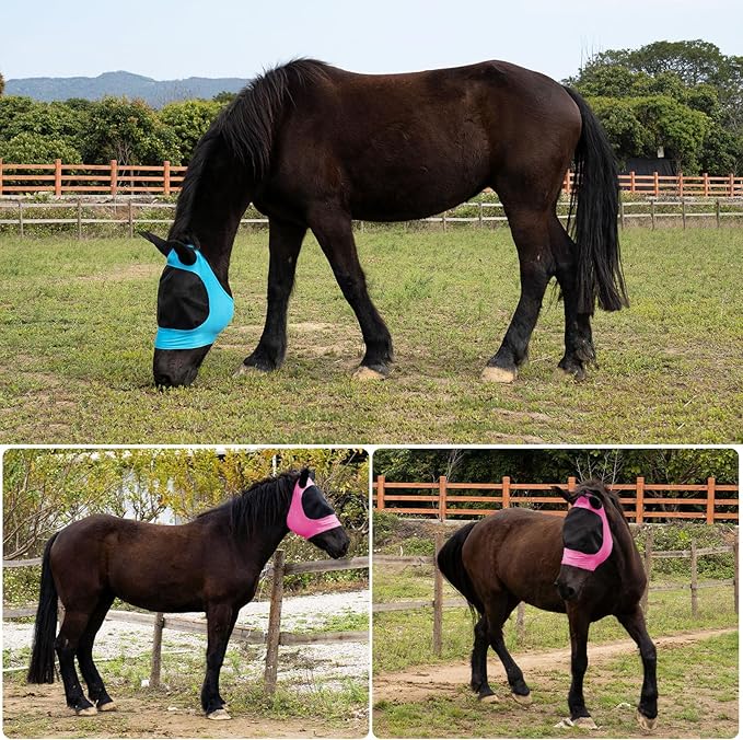 2 Piece Horse Fly Mask with Ears, Comfortable Fit Stretch Fabric Big Eye Space Soft Breathable with UV Protection for Full Horses (Blue-Pink)-PurrikoPets