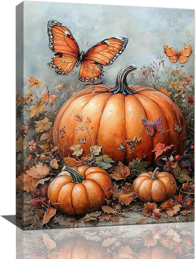 Fall Pumpkin Pictures Wall Art, Rustic Thanksgiving Bathroom Wall Decor, Farmhouse Autumn Butterfly Framed Painting Canvas Artwork for Harvest Gift Bedroom Living Room Decorations 16"L x 12"W-PurrikoPets