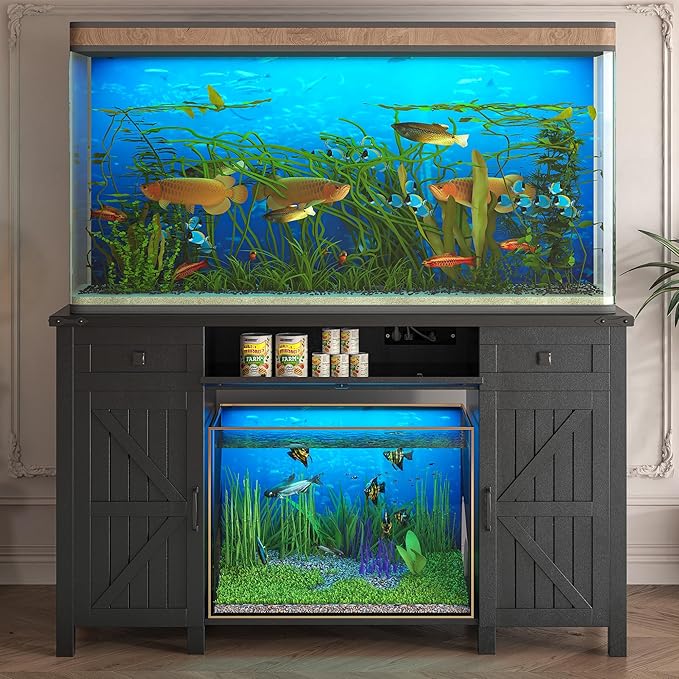 55-75 Gallon Aquarium Stand With Charging Station, Farmhouse Fish Tank Stand, Reptile Tank Stand Terrarium Stand with Drawer and Cabinet Storage, Sturdy Heavy Duty 53.5"×19.7" Tabletop - Black-PurrikoPets
