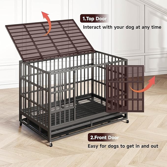 48 Inch Heavy Duty Indestructible Dog Crate Steel Escape Proof, High Anxiety Cage, Kennel with Wheels, Removable Tray, Extra Large XL XXL-PurrikoPets
