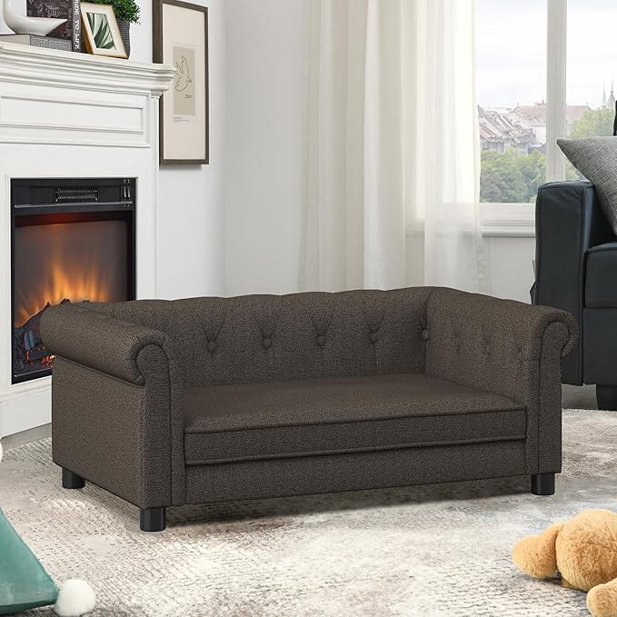 Dog Sofa Couch for Medium to Large Dogs, Memory Foam Pet Sofa Couch with Washable Fabric, Durable Elevated Dog Bed with Legs, Removable Cushion for Medium and Large Dogs, Dark Brown-PurrikoPets