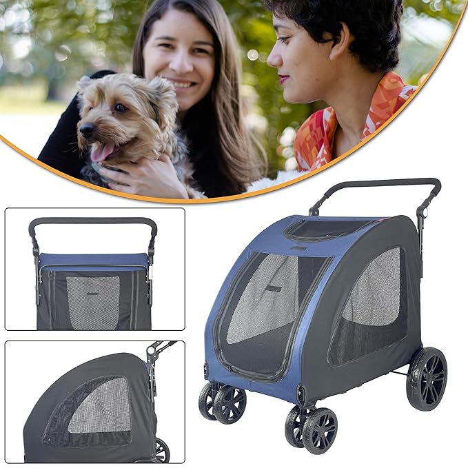 Extra Large Dog Stroller for Medium & Large Pets - Foldable Design, Adjustable Handle, Up to 130 lbs(Blue)-PurrikoPets