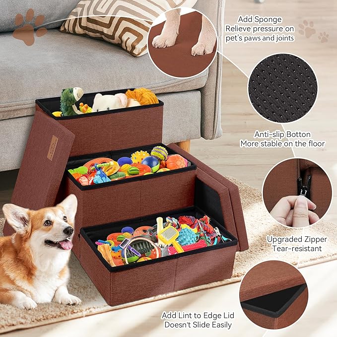 Dog Stairs with Storage 18" H, 3-Step Wider Dog Steps for Small/Medium/Large Old Dogs Cats, Folding Sturdy Pet Stairs Climbing Bed Couch, Ramp for Car Hold Up to 200 lbs (Brown, No Condo)-PurrikoPets