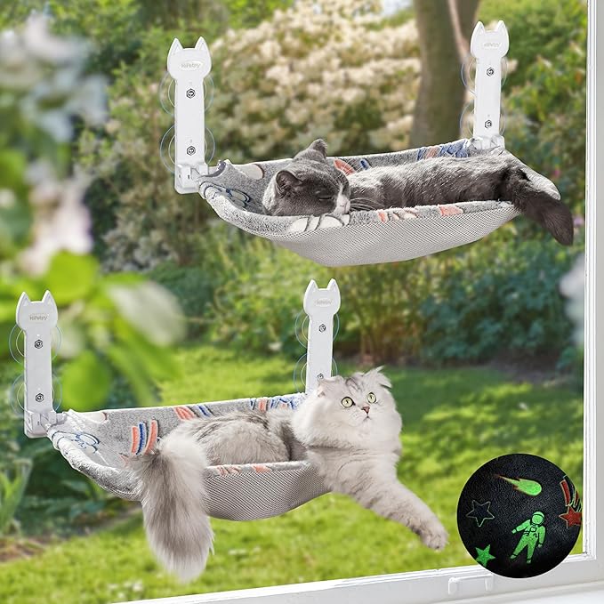 2 Pack Cat Window Perch, Glow in The Dark Foldable Cat Hammock with Sunken Design & Removable Soft Cover, Breathable Cordless Window Bed for Resting Indoor Kitten (Shallow Perch, 2 Pack - L)-PurrikoPets