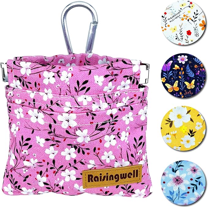Dog Treat Pouch, Small Cotton Pocket Sized Training Holder, Hand Free Walking Fanny Bag with Carabiner, Self-Closing Pet Feed Snack Reward, Behavior Aids for Puppy Travel or Outdoor Use-PurrikoPets