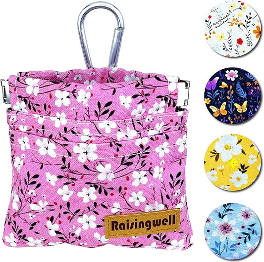 Dog Treat Pouch, Small Cotton Pocket Sized Training Holder, Hand Free Walking Fanny Bag with Carabiner, Self-Closing Pet Feed Snack Reward, Behavior Aids for Puppy Travel or Outdoor Use-PurrikoPets