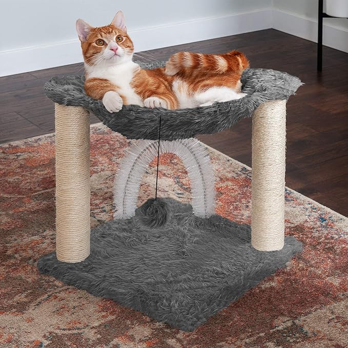 Furhaven 15.75" Tall Playground for Indoor Cats, Ft. Sisal Scratching Posts, Self-Grooming Brush, & Toy - Tiger Tough Hammock Interactive Playground - Silver, One Size-PurrikoPets