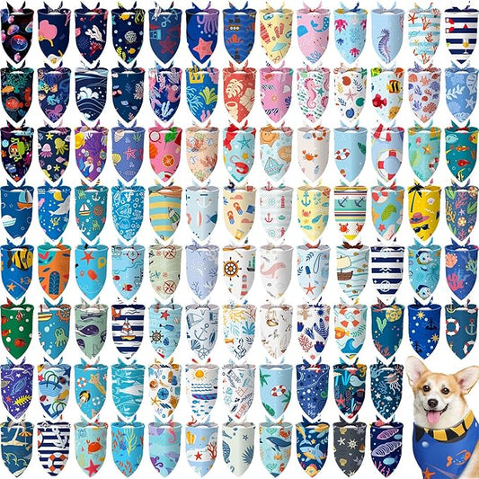 100 Pcs Dog Bandanas Bulk Pet Bibs Colorful Triangle Scarf Pet Bandanas for Medium Large Dogs Spring Summer Birthday Costume Decoration (Ocean Theme)-PurrikoPets