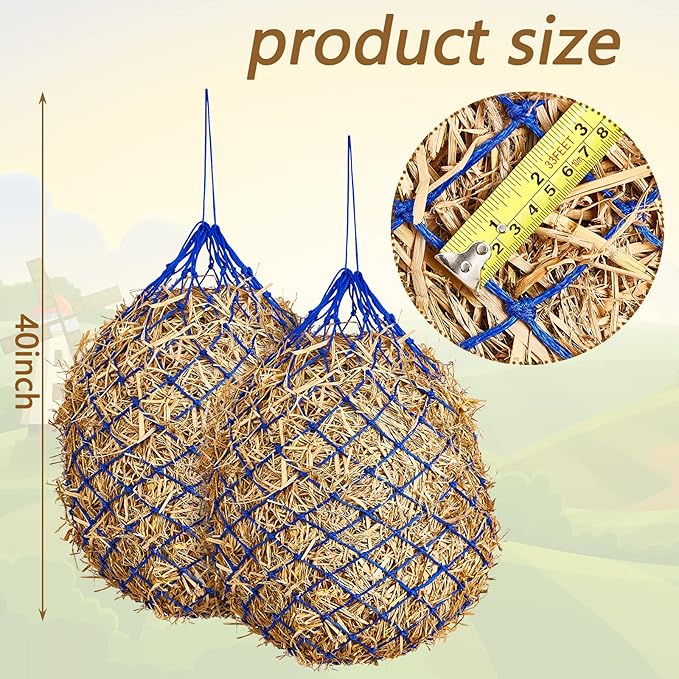 Fabbay 4 Pcs Slow Feed Hay Net Feeder Hay Bag for Horses Slow Feeder 40 Inch Length with 2 Inch Holes Hanging Horse Feed Net for Goat Cattle Equine Stalls Barn Supplies(Blue)-PurrikoPets