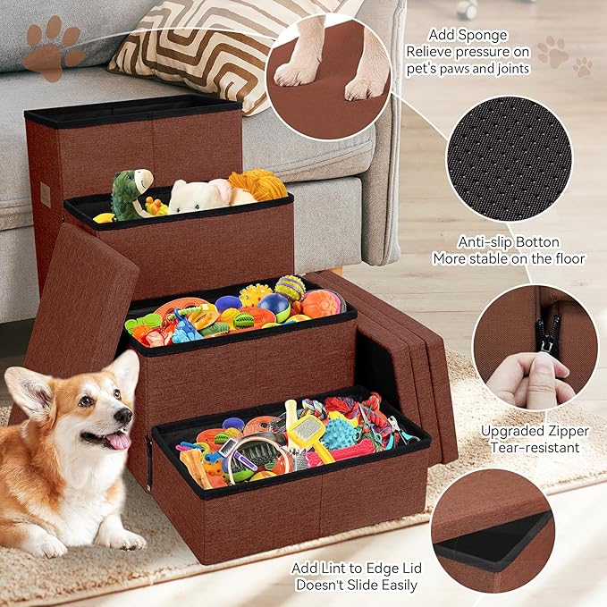 Dog Stairs with Storage 23" H, 4-Step Wider Dog Steps for High Beds Window, Folding Sturdy Pet Stairs Gift for Small/Medium/Large Old Dogs Cats, Ramp for Climbing Car Up to 200 lbs, Brown-PurrikoPets