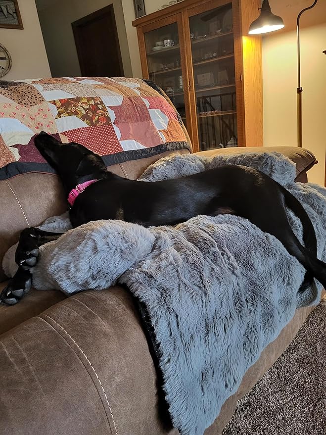 FUNNY FUZZY Pet Fluffy Plush Calming Dog Couch Bed Sofa Protector Washable Pets Mat for Large Medium Small Dogs and Cats (Grey,47.24 × 37.4 × 6.3 in)-PurrikoPets