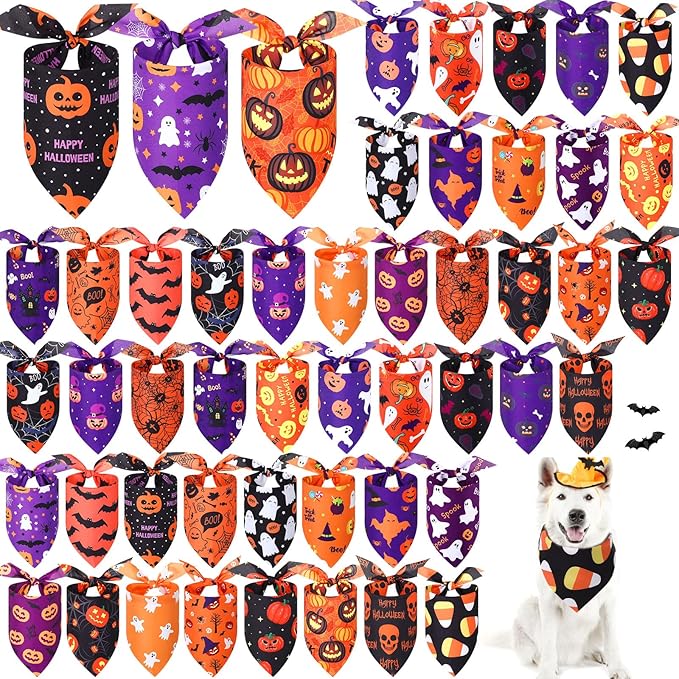 Abbylike 50 Pcs Halloween Dog Bandanas Bulk Pumpkin Bandanas for Dogs Triangle Kerchief Bibs Scarf Set for Pet Halloween Costume Photo Props Accessories Pet Shops, 25 Styles (31.5 x 21.7 x 21.7")-PurrikoPets