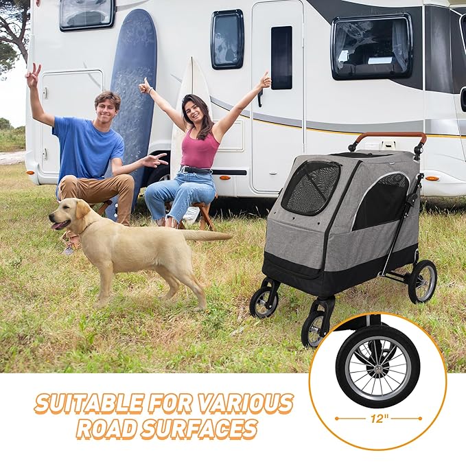 4 Wheel Pet Stroller with Storage Basket - Foldable & Breathable with Mesh Skylight, Large Dog Stroller with Adjustable Handle - Ideal for Travel and Walking with Medium to Large Dogs, Up to 120 lbs-PurrikoPets