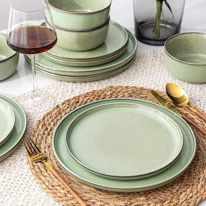 GBHOME Ceramic Dinnerware Sets for 6, 18 Pieces Stoneware Plates and Bowls Sets, Scratch Resistant Dishes, Dishwasher & Microwave Safe-Pastel Green-PurrikoPets