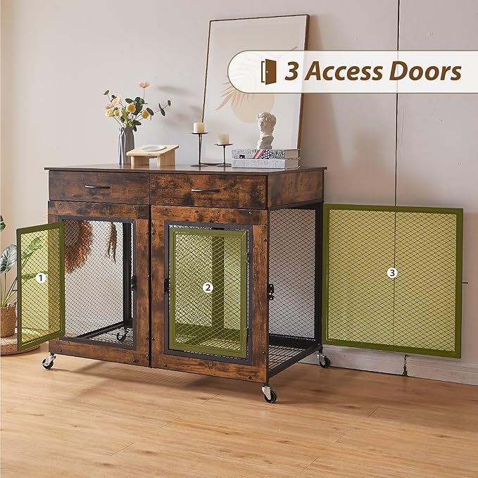 43" Large Dog Crate Furniture, Wood Dog Kennel End Table with Drawers, Decorative Pet Crate with Removable Partitions & Wheels, Dog House Indoor for Large/Medium/Small Dogs-PurrikoPets