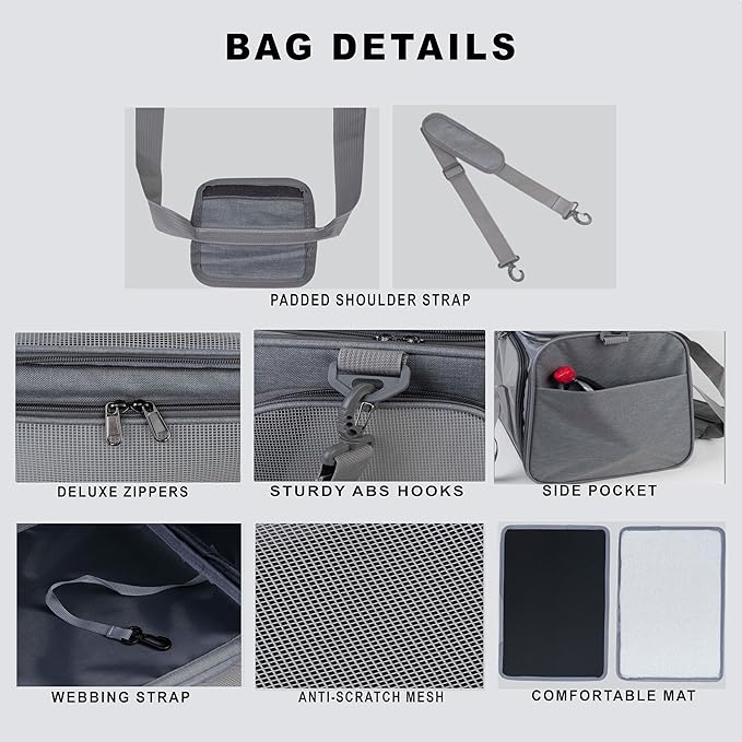 Airline Approved Soft Sided Pet Carrier for Small and Medium Dogs, Cats, and Puppies (Up to 15 lbs), Collapsible Portable Travel Bag for Dogs Cats (Grey)-PurrikoPets