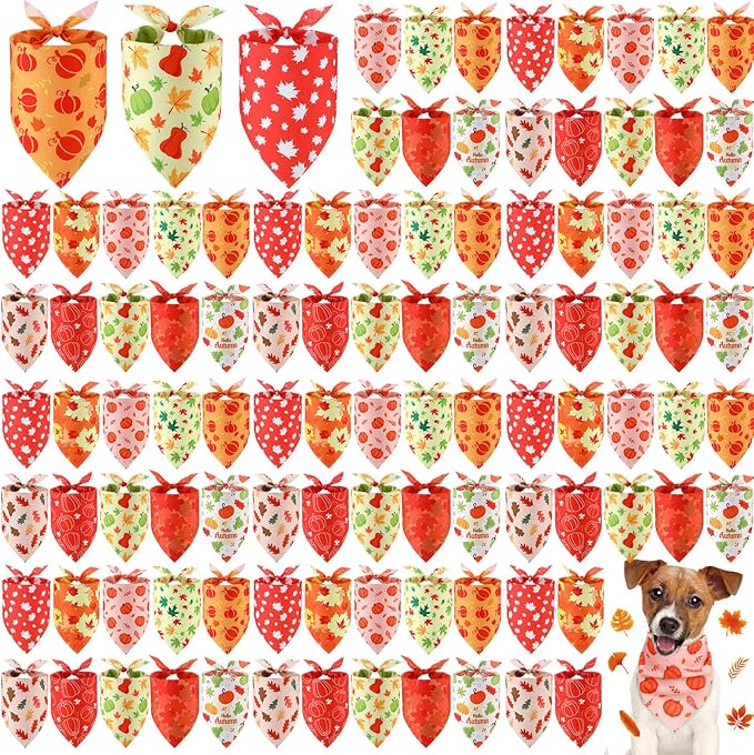 100 Pieces Fall Dog Bandanas Bulk Maple Leaves Bandanas for Dogs Autumn Soft Doggie Bibs Adjustable Triangle Scarves with Pumpkin Patterns for Small Medium Large Pet Fall Autumn Costume-PurrikoPets