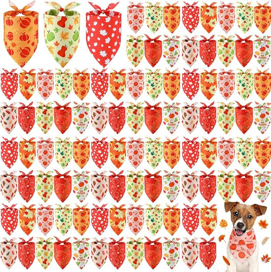 100 Pieces Fall Dog Bandanas Bulk Maple Leaves Bandanas for Dogs Autumn Soft Doggie Bibs Adjustable Triangle Scarves with Pumpkin Patterns for Small Medium Large Pet Fall Autumn Costume-PurrikoPets