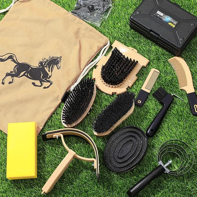 Abbylike 12 Pieces Horse Grooming Kit Racing Festival Tack Room Supplies Horse Brush Sets Equine Care Cleaning Kit Shedding Grooming Massaging Tools(Black)-PurrikoPets