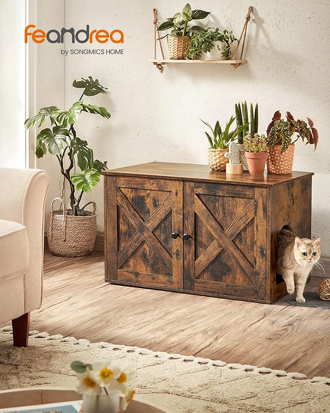 Feandrea Cat Litter Box Enclosure, Litter Box Furniture Hidden with Removable Divider, Indoor Cat House, End Table, 31.5 x 20.9 x 19.7 Inches, Rustic Brown UPCL002X01-PurrikoPets
