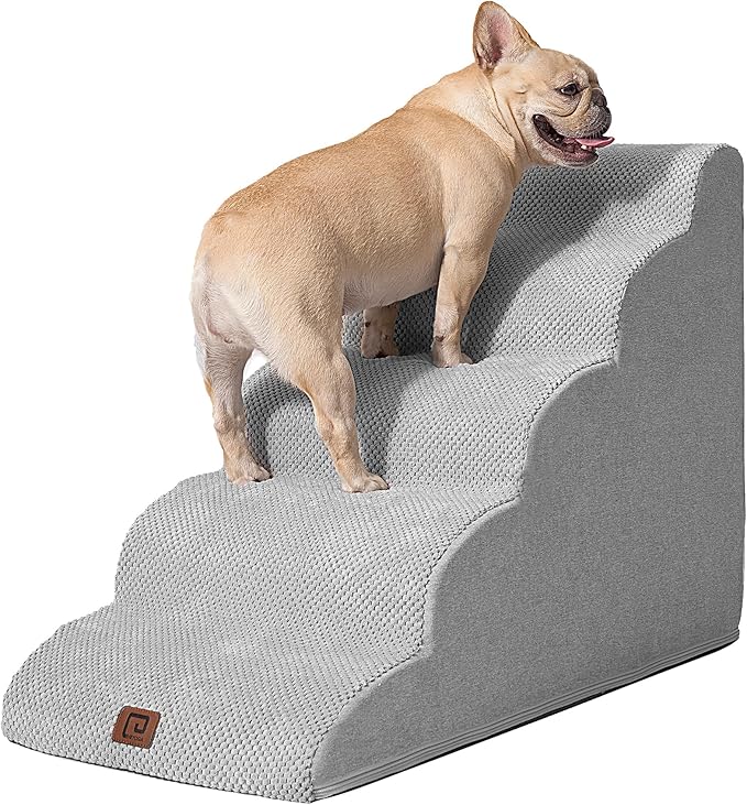 EHEYCIGA Curved Dog Stairs Ramp for High Beds 22.6" H, 5-Step Dog Steps for Small Dogs and Cats, Pet Stairs for High Bed Climbing, Non-Slip Balanced Pet Step Indoor, Light Grey-PurrikoPets