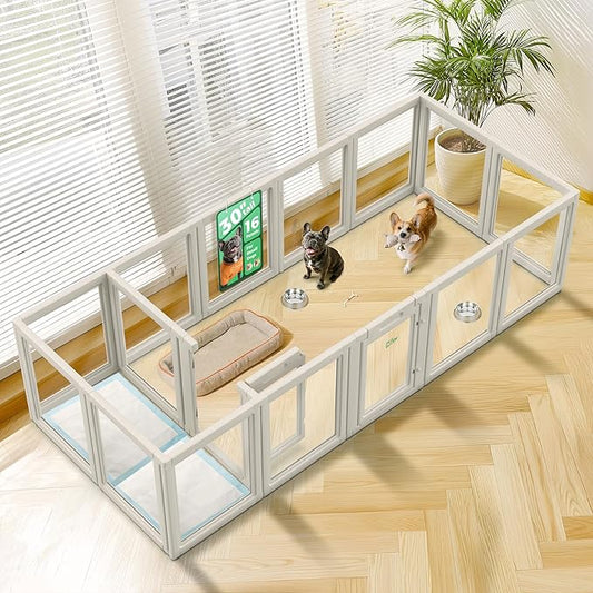 FXW AuraSpace Acrylic Indoor Unleashed Dog Playpen for Small and Medium Dogs, 30 Inch, 16 Panels, White-PurrikoPets