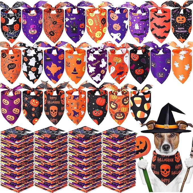 Abbylike 200 Pcs Halloween Dog Bandanas Bulk Pumpkin Bandanas for Dogs Pets Triangle Kerchief Bibs Scarf for Halloween Costume Photo Props Accessories Pet Shops Adoption Events Groomers, 25 Styles-PurrikoPets