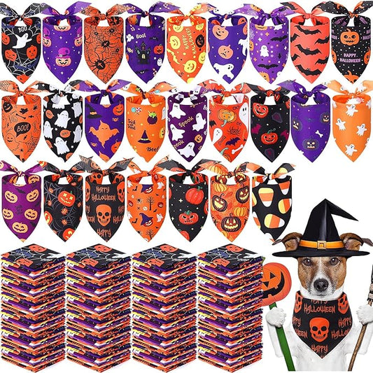 Abbylike 200 Pcs Halloween Dog Bandanas Bulk Pumpkin Bandanas for Dogs Pets Triangle Kerchief Bibs Scarf for Halloween Costume Photo Props Accessories Pet Shops Adoption Events Groomers, 25 Styles-PurrikoPets