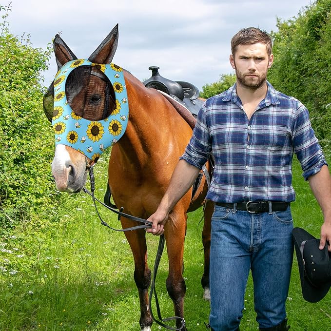 Frienda 4 Pieces Horse Fly Masks with Ears Face Covering UV Protection from Insect Pests Elasticity Smooth Comfortable Mesh Horse Mask Accessories(Flower,Large)-PurrikoPets
