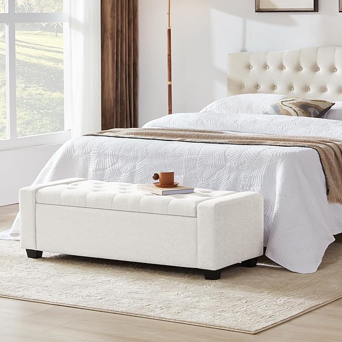48" Ottoman with Storage, White Storage Ottoman Bench with Safety Hinge, Upholstered Entryway Bench with Seating for Bedroom, Living Room, Holds up to 330 lb-PurrikoPets