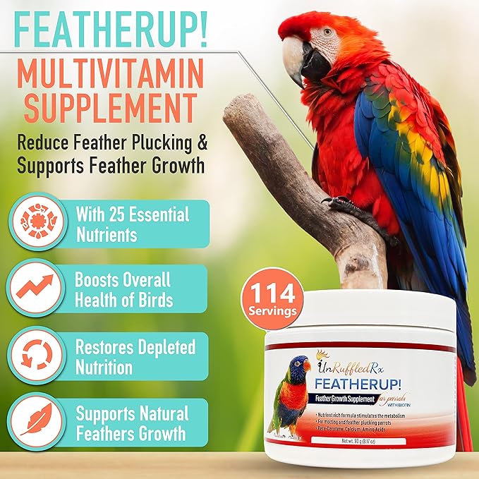 FeatherUp! Bird Vitamins with Biotin for Beautiful Plumage - Feather Growth Supplements for Parrots - 90 gm - 240 Servings-PurrikoPets