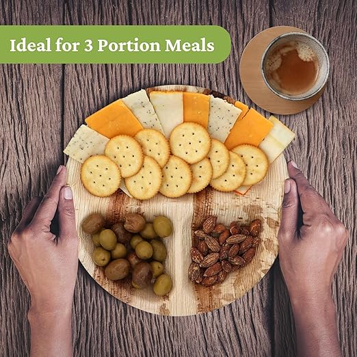 Dtocs 3 Compartment Plates (50 Pc) Palm Leaf 10 Inch Round Portion Control Buffet Sectional Plate | Bamboo Plates Disposable Like Compostable Camping Dinnerware Stronger than Divided Paper, Styrofoam-PurrikoPets