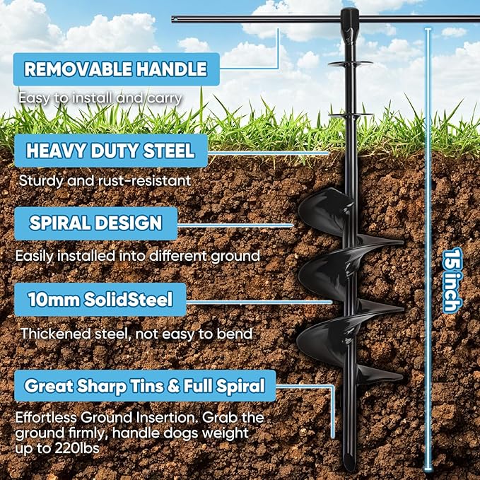 Dog Tie Out Stake for Large Dogs – Heavy Duty In-Ground Dog Anchor up to 210 lbs – Secure Tether Stake for Yard, Camping & Beach – Easy Install with Tool, Works with Tie Out Cable & Leash, Black-PurrikoPets